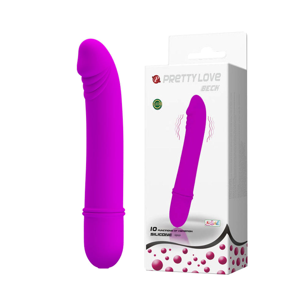 Pretty Love Beck Silicone G-Spot Vibrator Purple next to its packaging, showcasing its sleek and curved design.